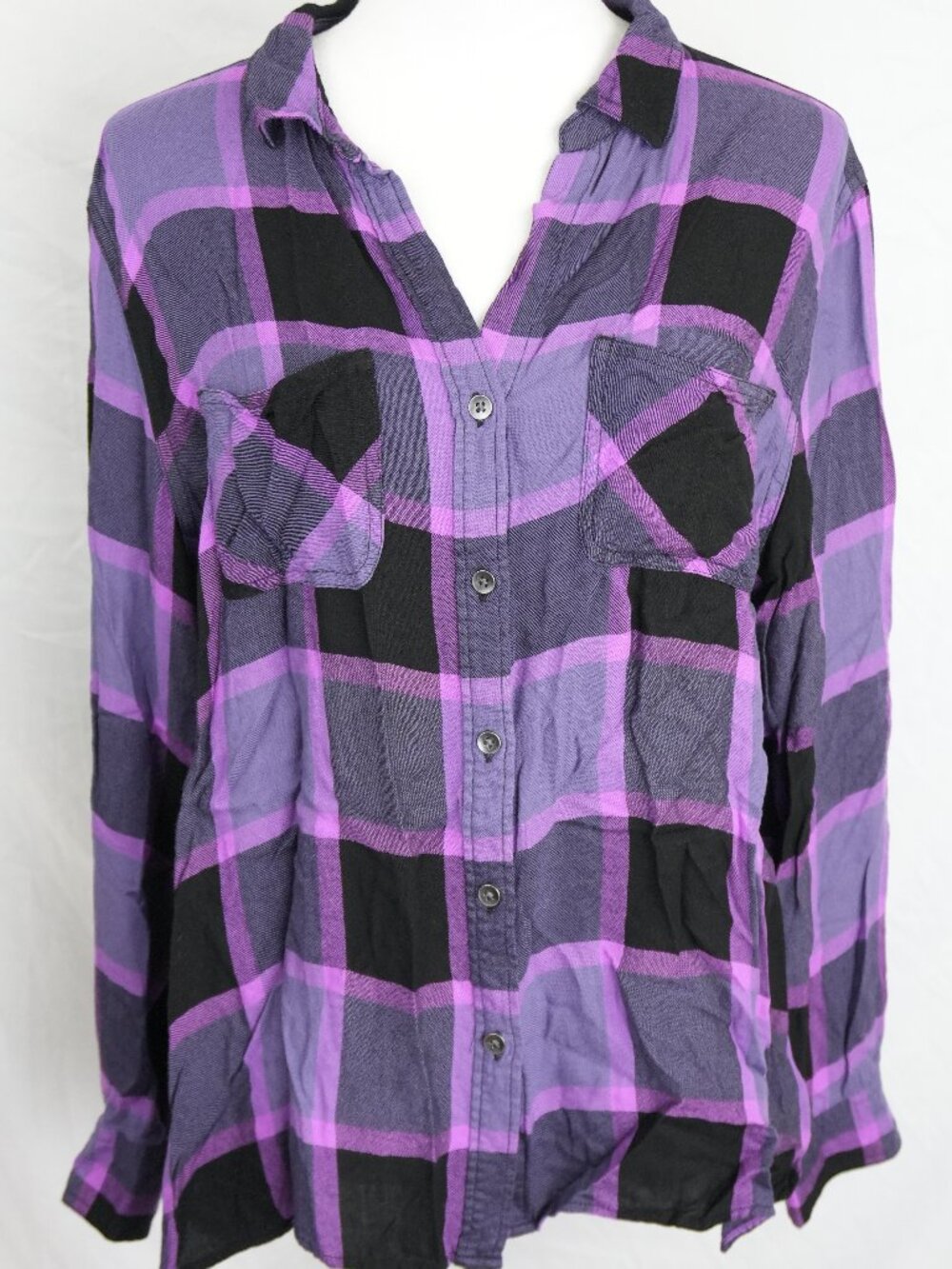 Rock & Republic Womens XXL Plaid Shirt Roll Tab Sleeves Vneck Button Down Top